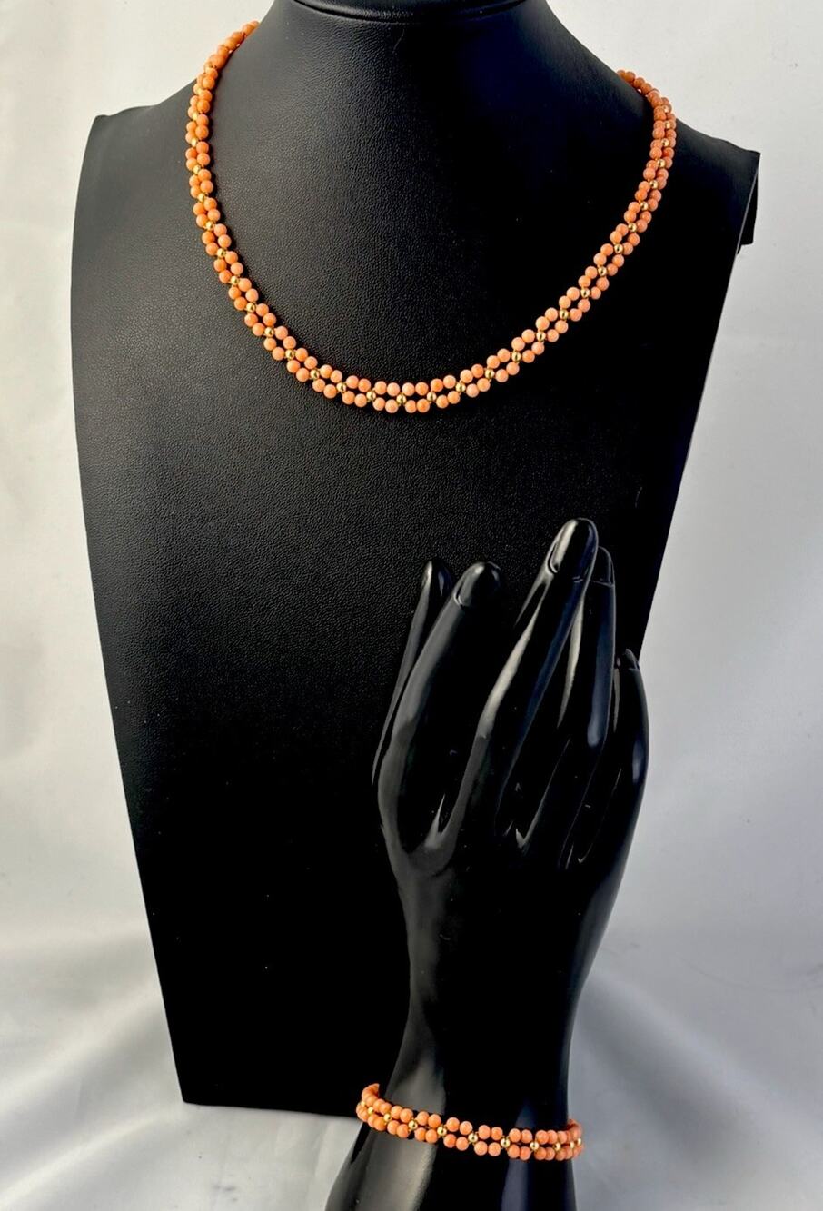 Vtg Pink Angel Skin Coral Beaded 16" Necklace Bracelet 7" Clasp Set 1/20 14KTGF